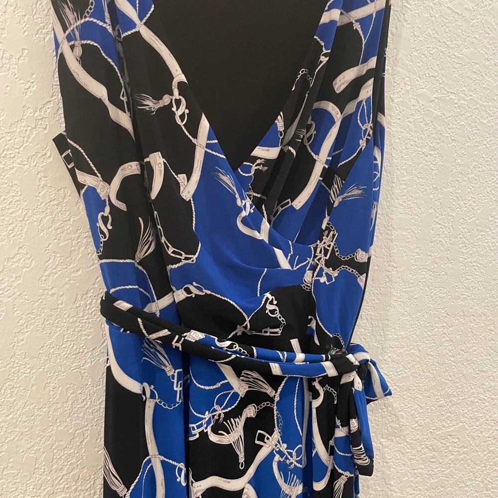 Lauren Ralph Lauren Blue Black Equestrian Chain Print Faux Wrap Dress Size 16 - Picture 4 of 9